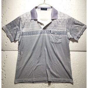 Beaux Basics Fashion Shirt Men Medium White Gray Striped Collared Casual